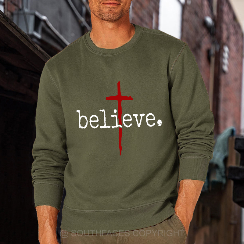 Believe Cross Print Christian Sweatshirt