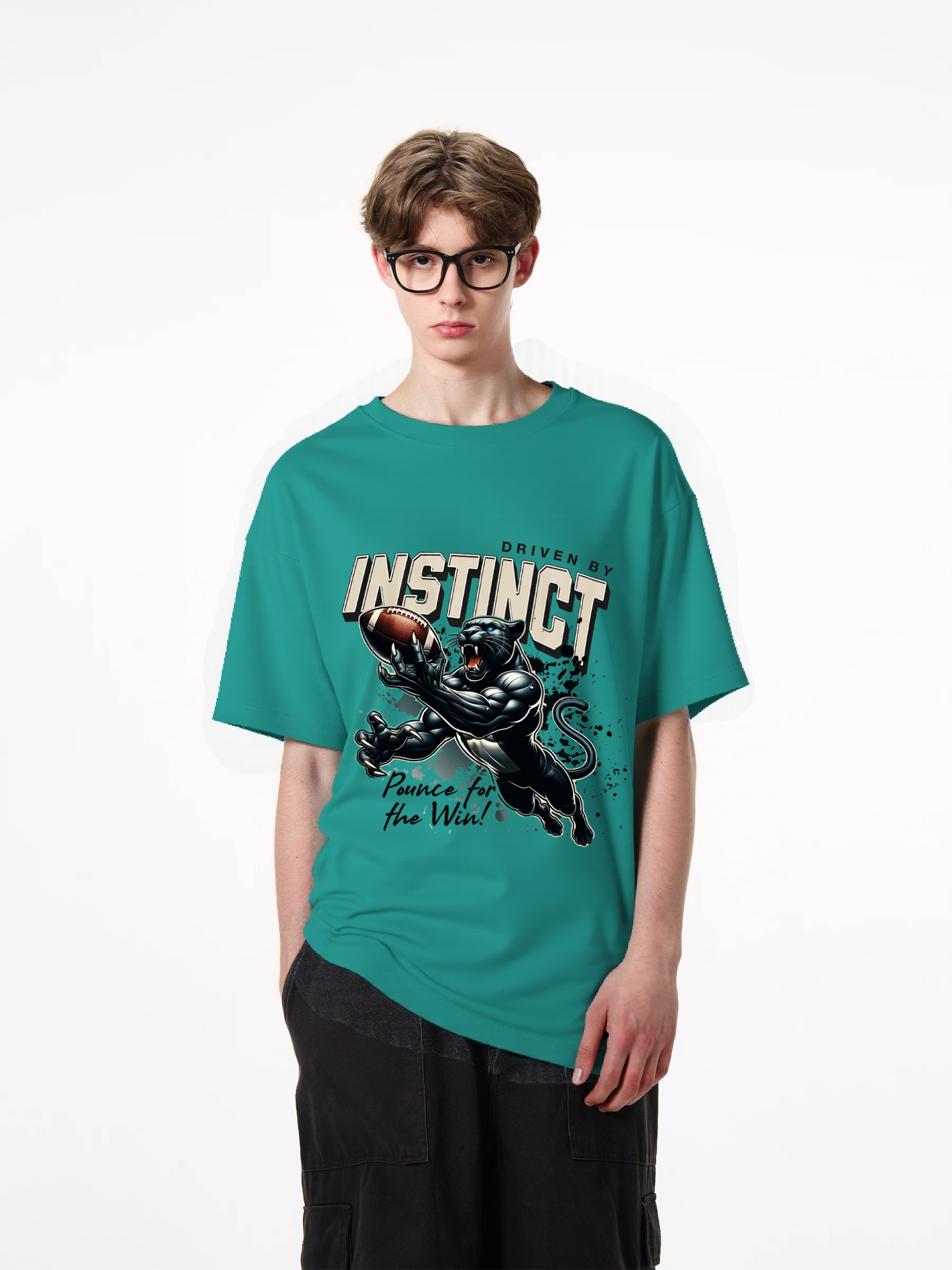 1pcs Trendy T-Shirt with Panther Football Print, Driven by Instinct Design, 180g Pure Cotton, Various Colors Available, Sporty Style Tee for Fans and Players Unique Patterns Modern Casual Looks for Men
